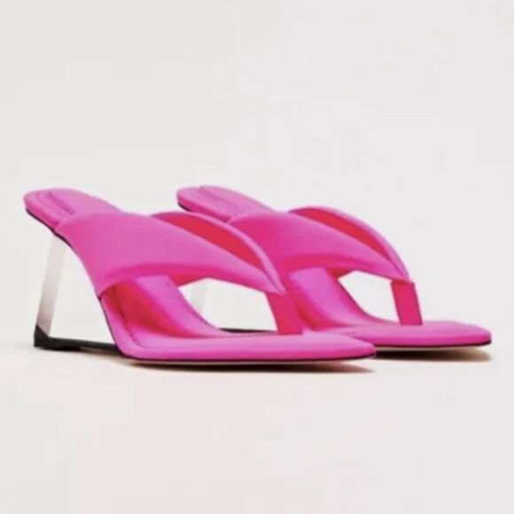 GOOD AMERICAN Neon Pink Cinderella‎ Lucite Wedge Heel Thong Scuba Womens Size 4 - Picture 1 of 13
